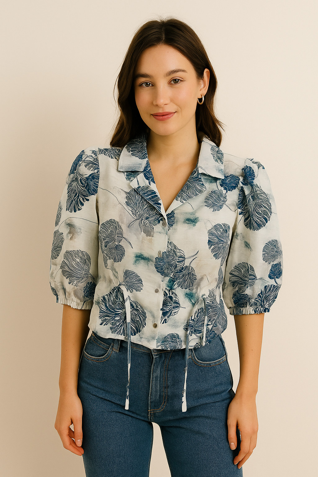 Cool Blue Floral Crop Top – Puff Sleeve Button Shirt with Adjustable Waist