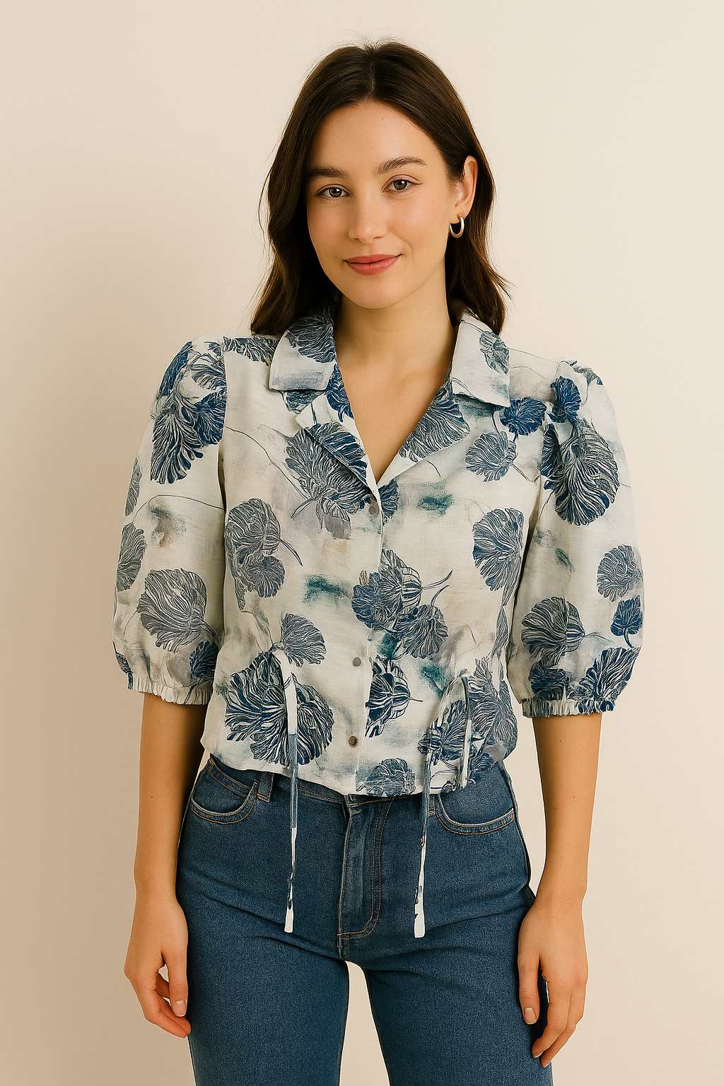 Cool Blue Floral Crop Top – Puff Sleeve Button Shirt with Adjustable Waist