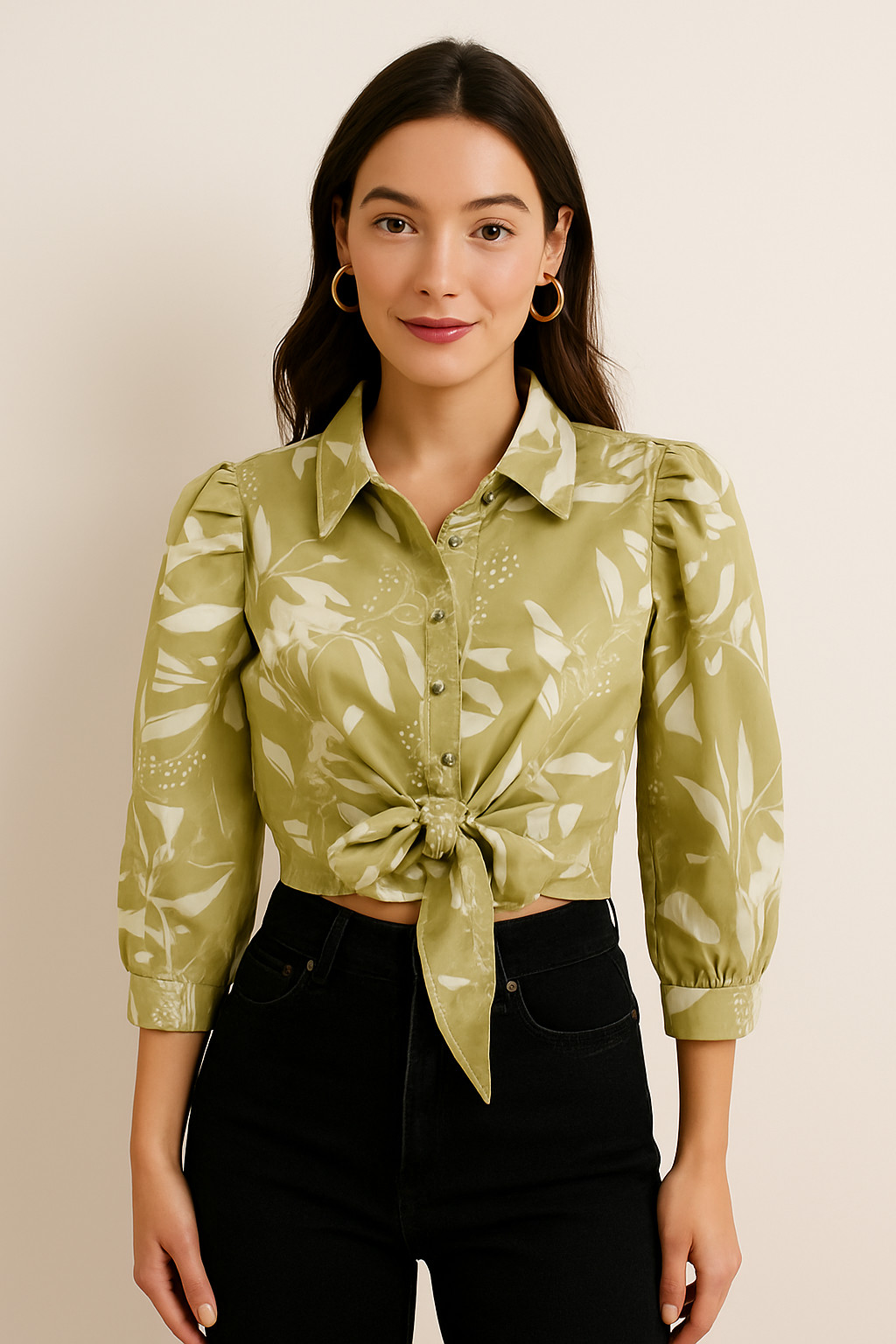 Olive Green Botanical Tie-Front Crop Shirt – Long Sleeve Puff Blouse