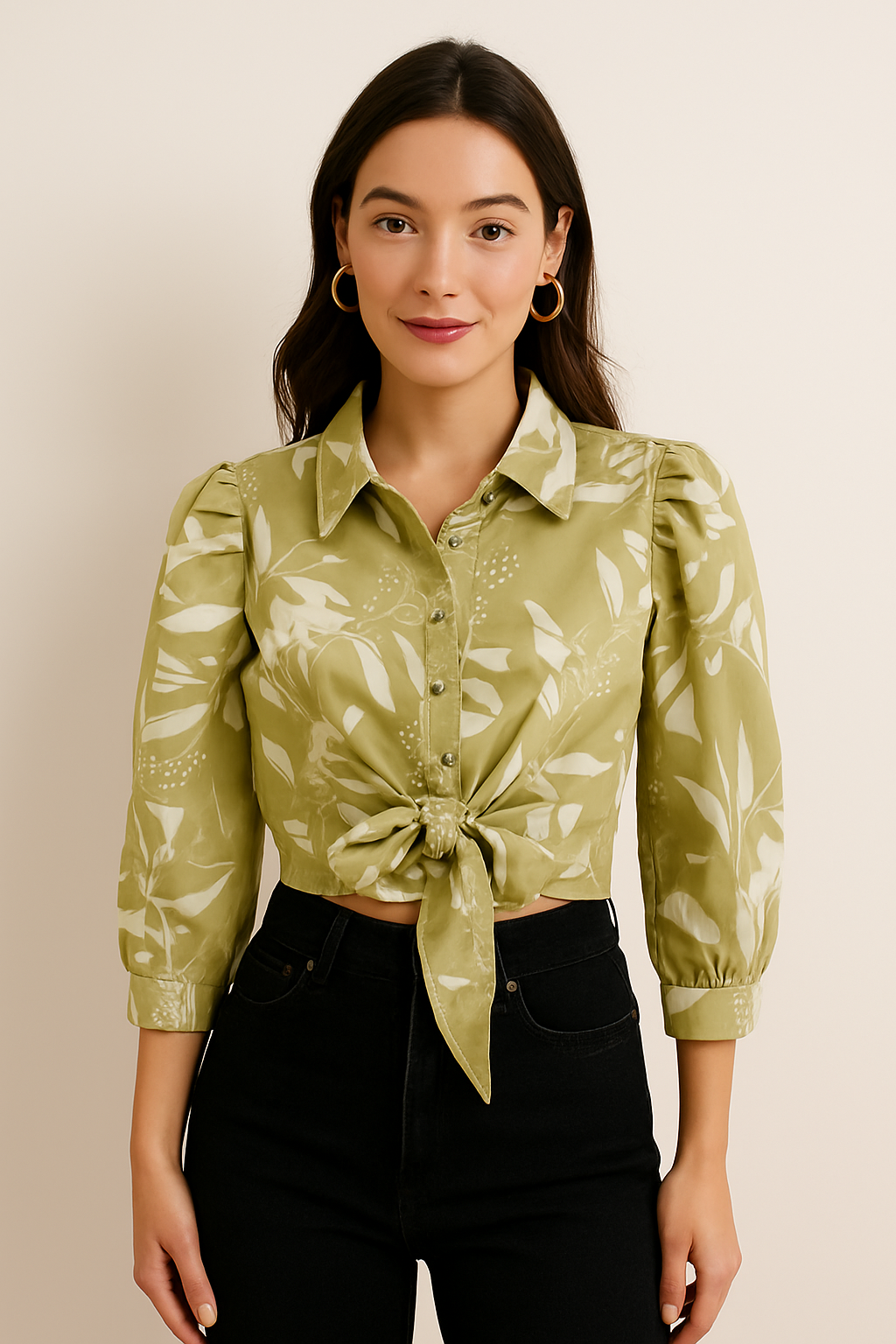Olive Green Botanical Tie-Front Crop Shirt – Long Sleeve Puff Blouse