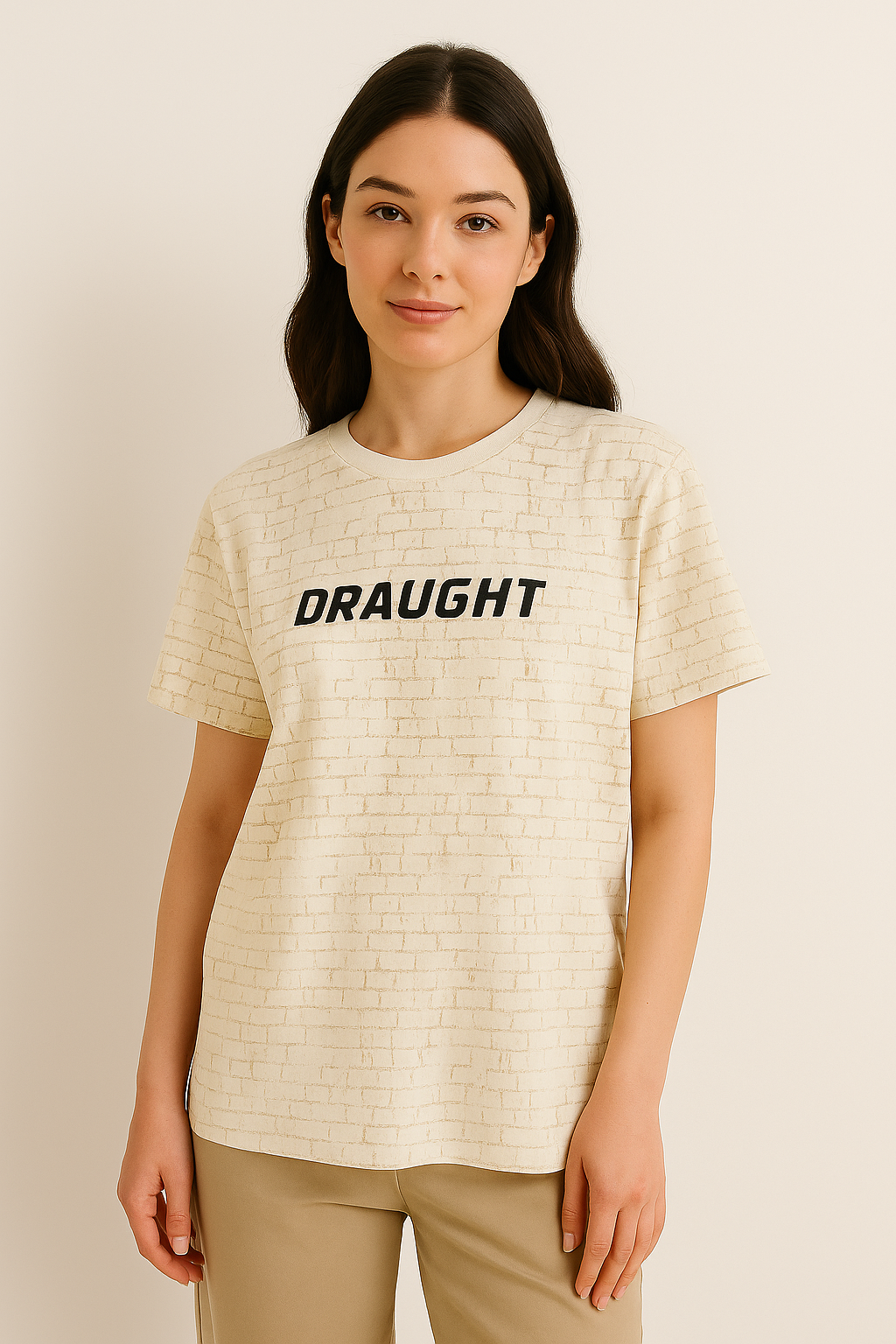 Minimalist “DRAUGHT” Textured Brick Pattern T-Shirt – Cream Beige Street Style Tee