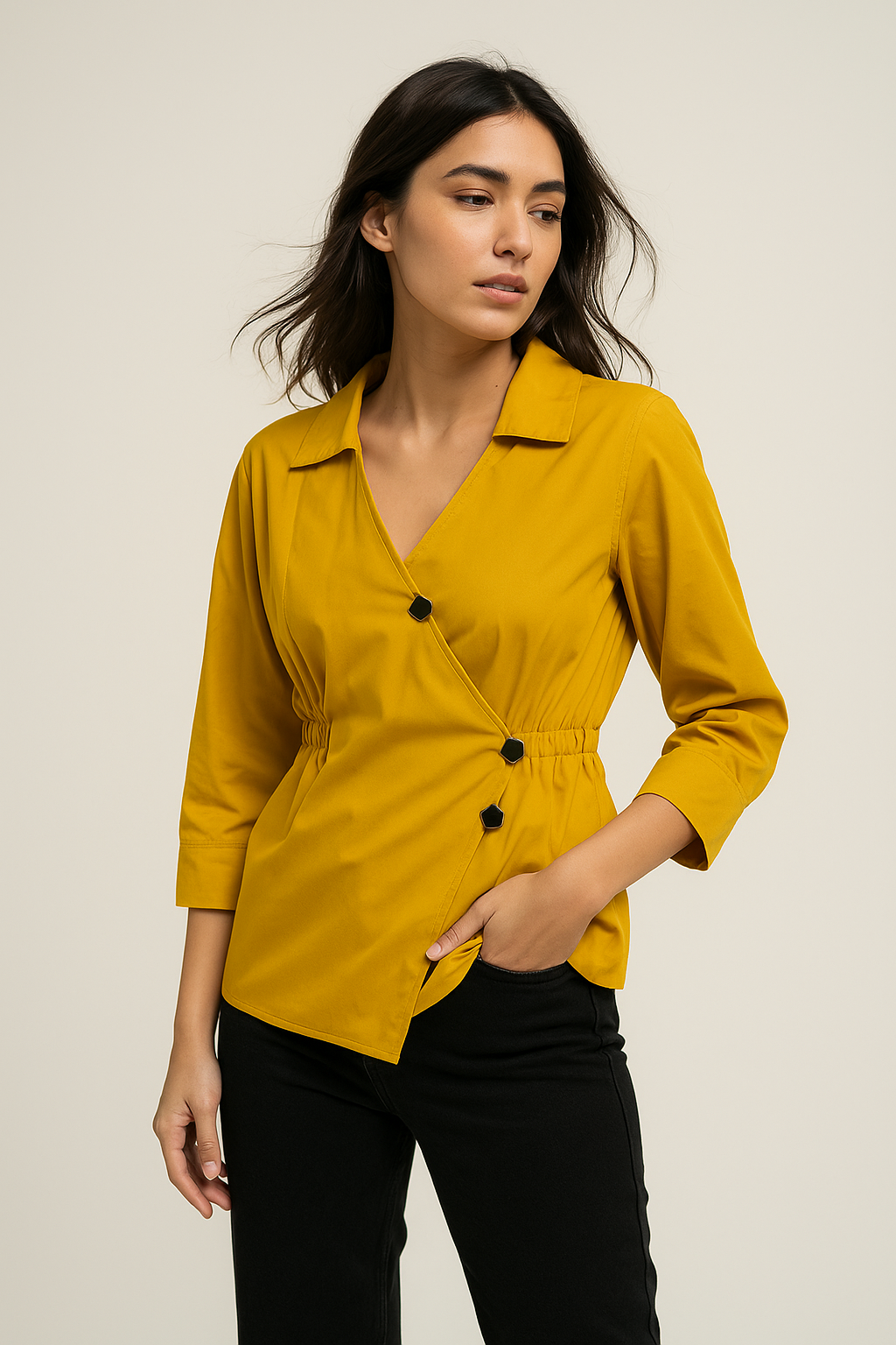 Mustard Yellow Buckle Wrap Top – Trendy Smart Casual Top for Women