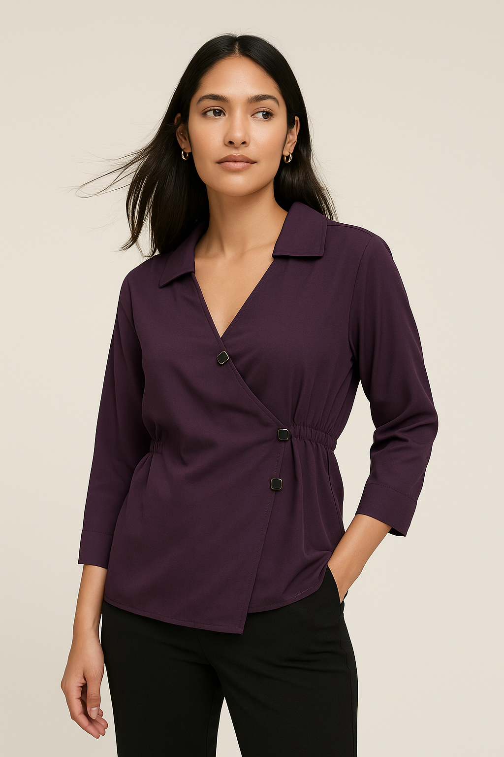 Plum Purple Buckle Wrap Top for Women – Modern Utility-Inspired Style