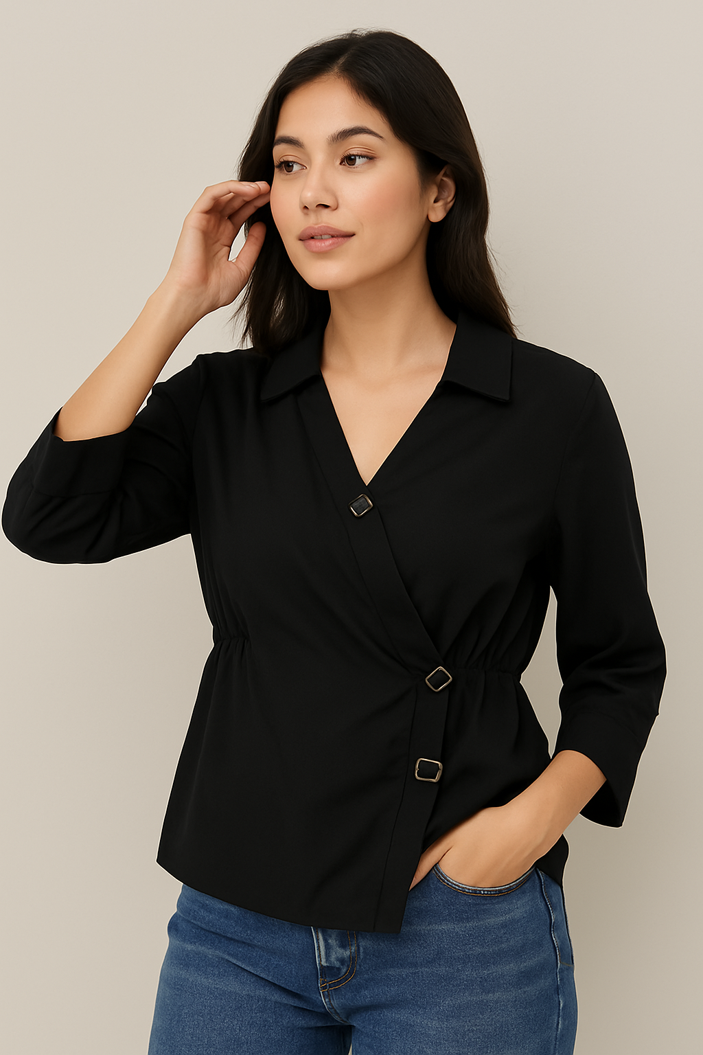 Solid Black Buckle Detail Wrap Top – Elegant Utility Style for Women