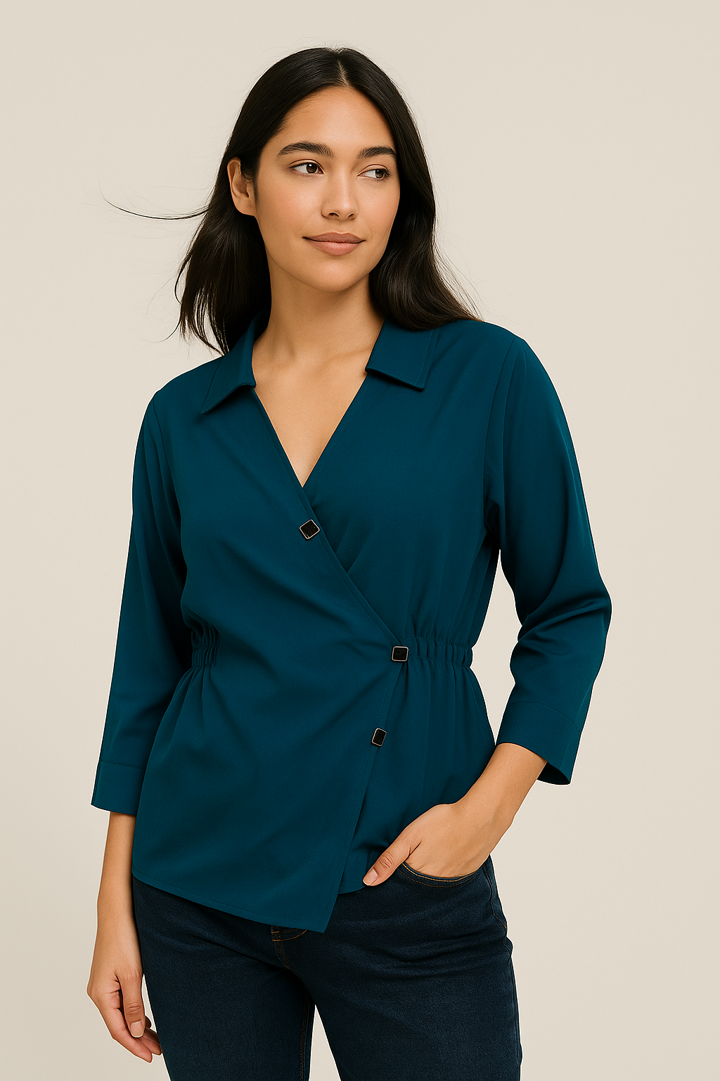 Teal Blue Wrap Style Buckle Detail Top – Smart Casual Wear