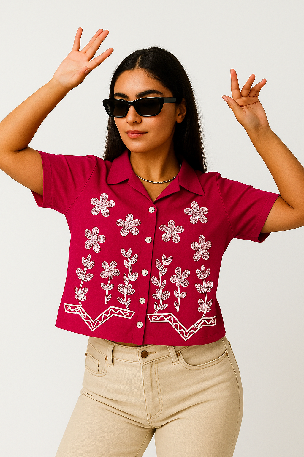 Vibrant Pink Cotton Crop Top with White Floral Embroidery – Women’s Puff Sleeve Button-Down Shirt