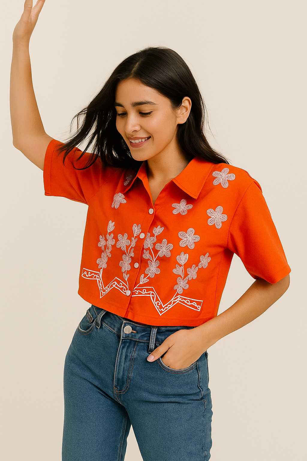 Orange Cotton Crop Top with White Floral Embroidery – Women’s Puff Sleeve Button-Down Shirt
