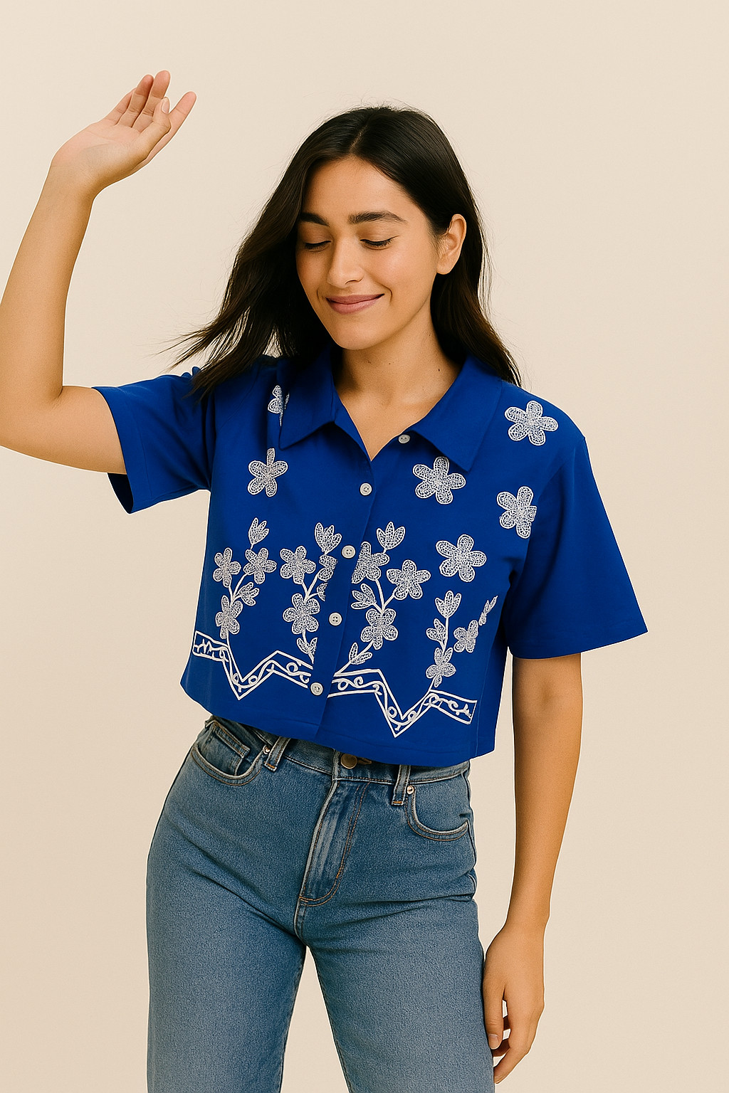 Royal Blue Cotton Crop Top with White Floral Embroidery – Women’s Button-Down Puff Sleeve Shirt