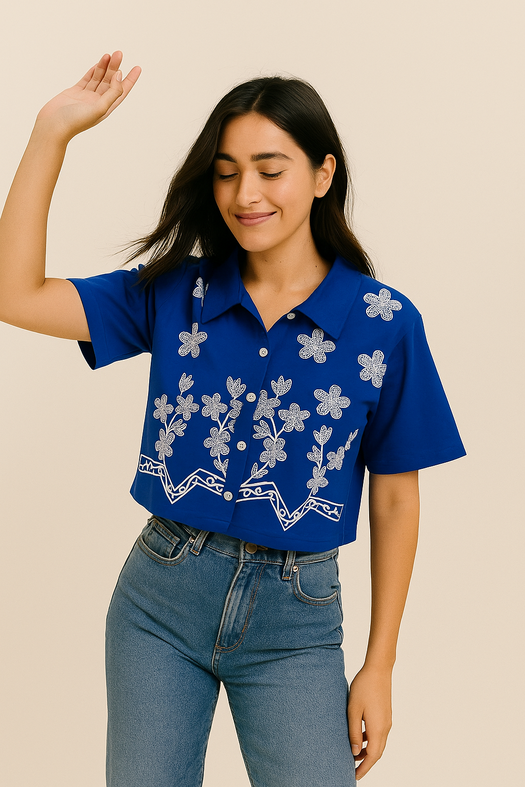 Royal Blue Cotton Crop Top with White Floral Embroidery – Women’s Button-Down Puff Sleeve Shirt