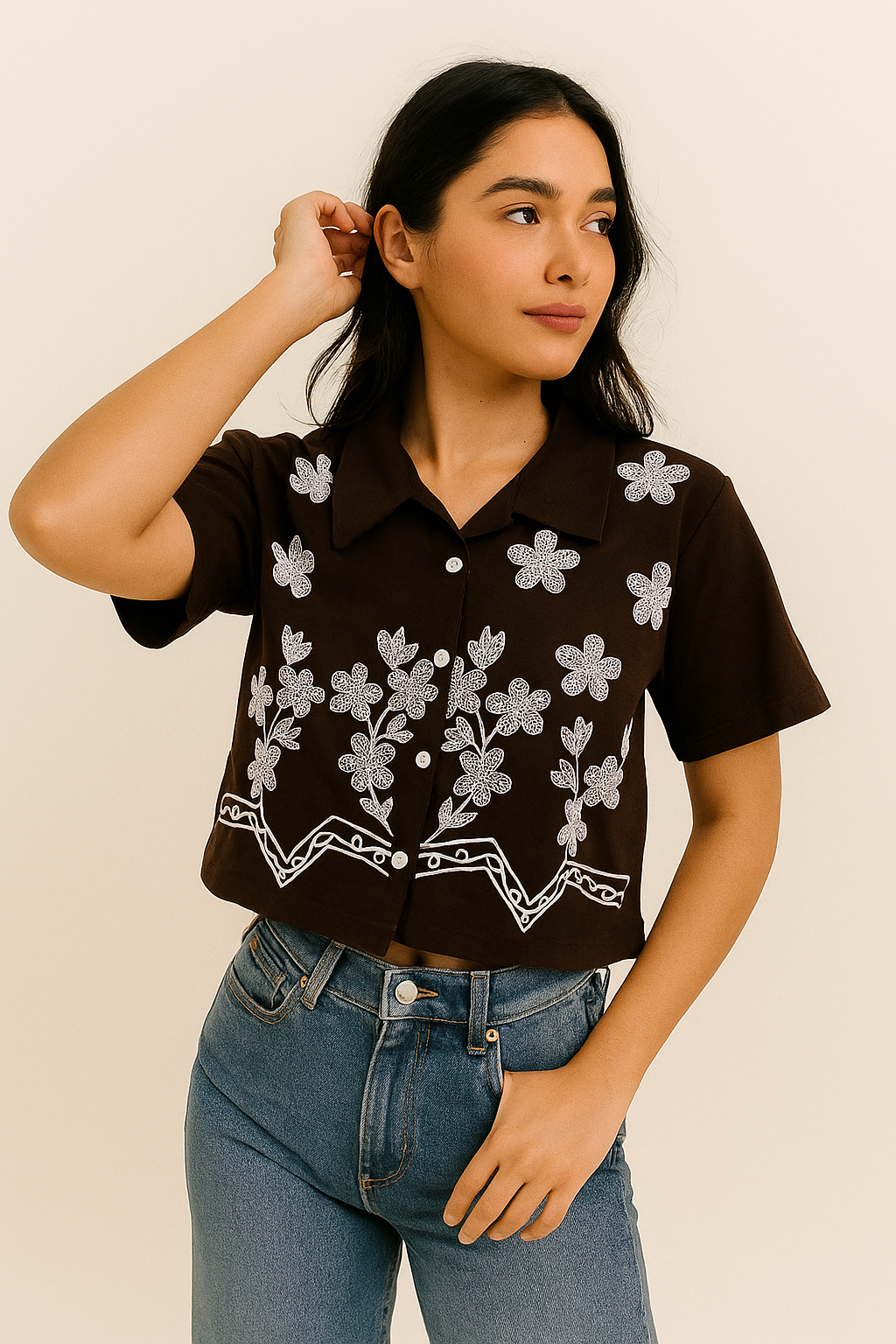 Brown Cotton Crop Top with White Floral Embroidery – Women’s Button-Down Puff Sleeve Shirt