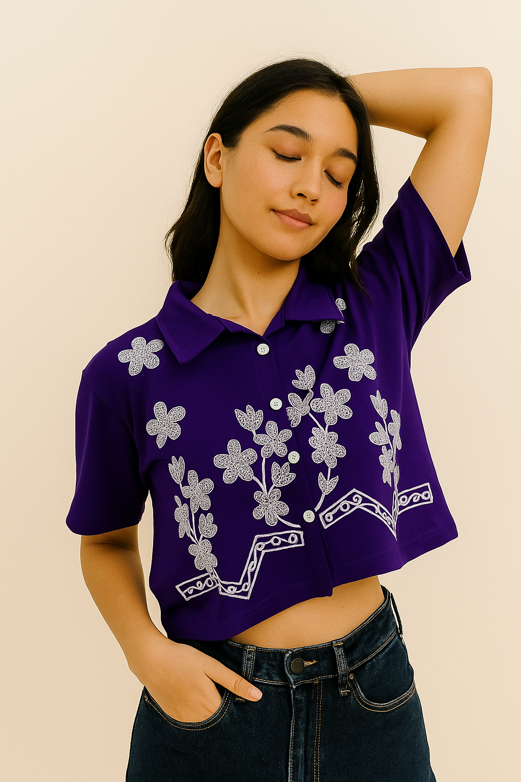 Navy Blue Cotton Crop Top with White Floral Embroidery – Women’s Puff Sleeve Button-Down Shirt