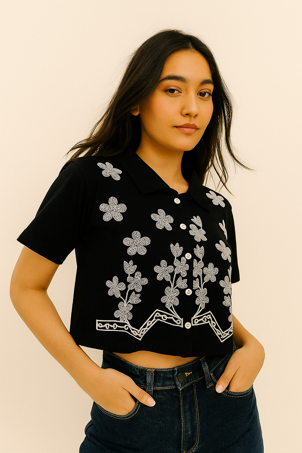 Black Cotton Crop Top with White Floral Embroidery – Women’s Button-Down Shirt