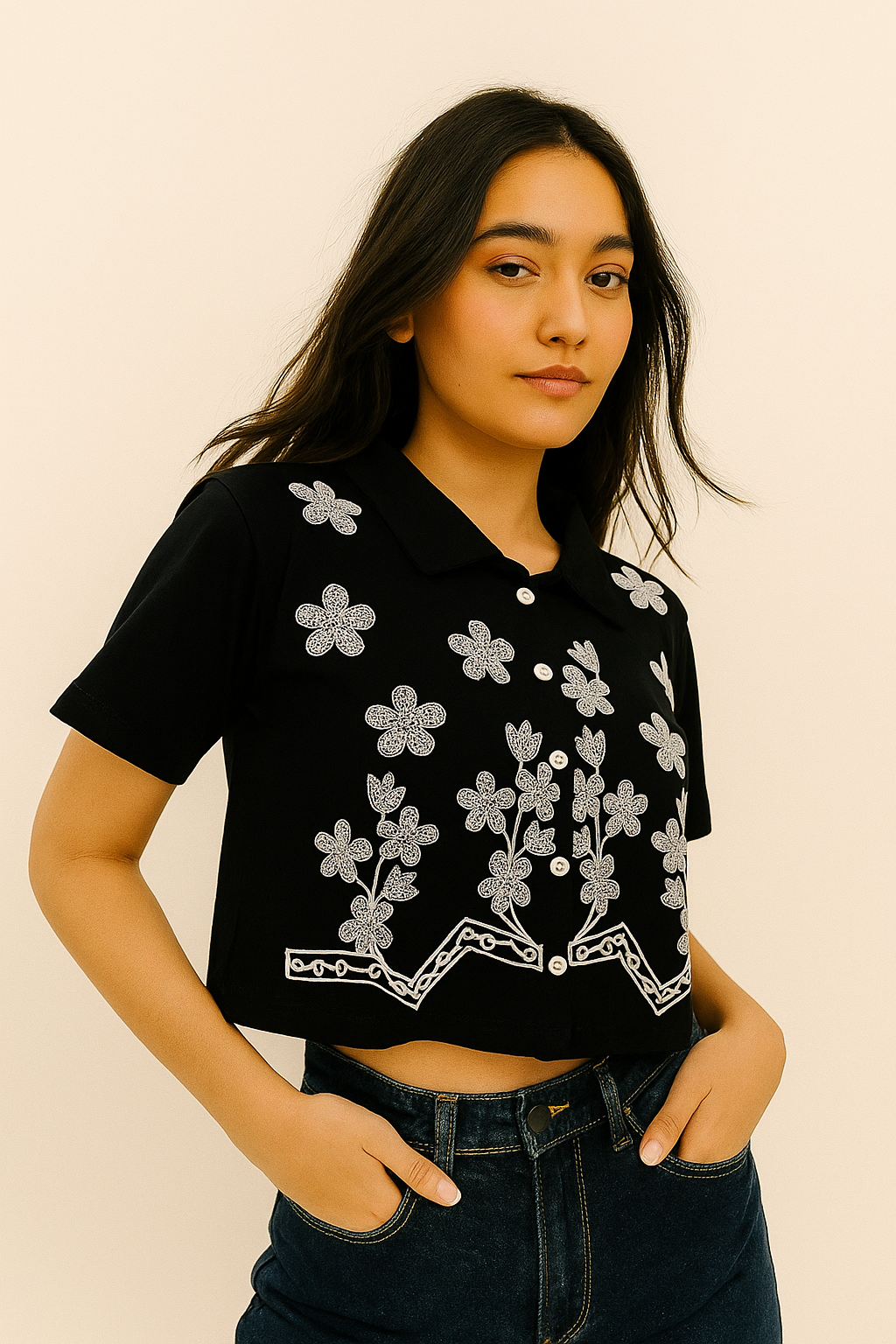 Black Cotton Crop Top with White Floral Embroidery – Women’s Button-Down Shirt