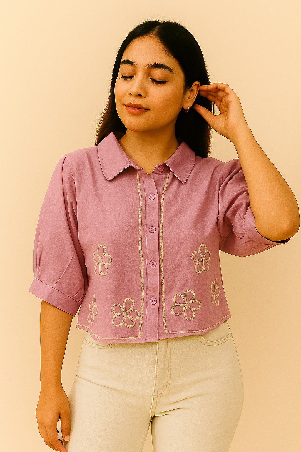 Pink Embroidered Cotton Crop Top for Women – Puff Sleeve Button-Down Shirt