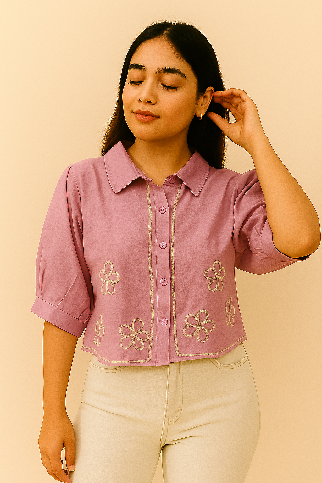 Pink Embroidered Cotton Crop Top for Women – Puff Sleeve Button-Down Shirt