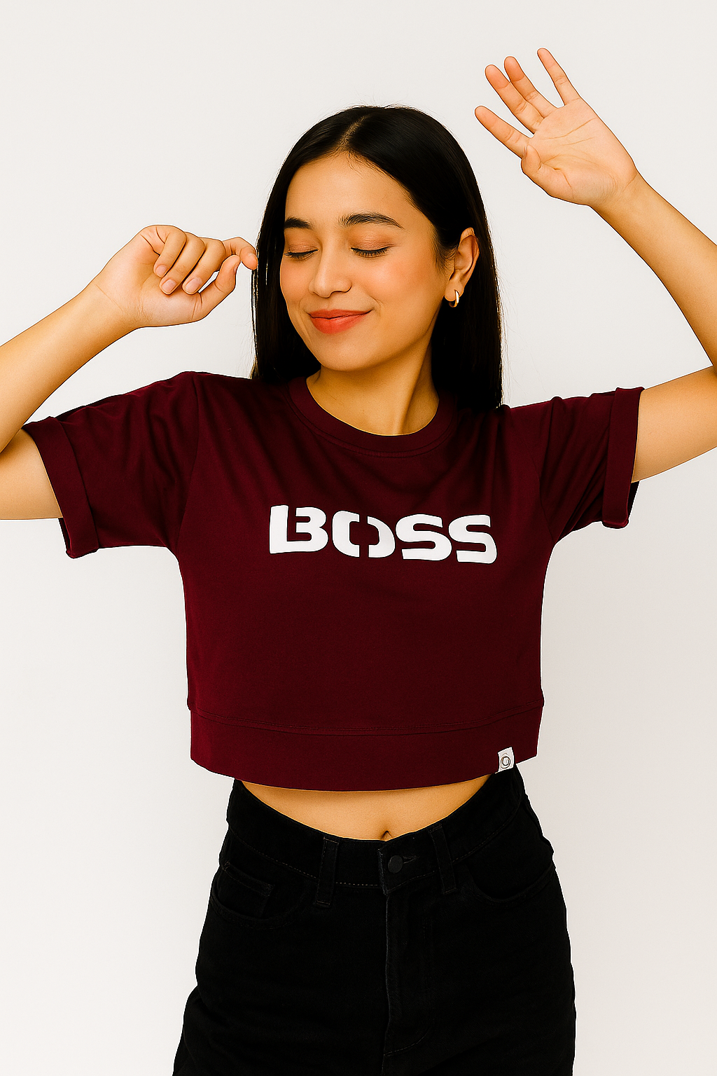 Women's Wine “BOSS” Logo Crop T-Shirt – Luxe Streetwear Statement Tee
