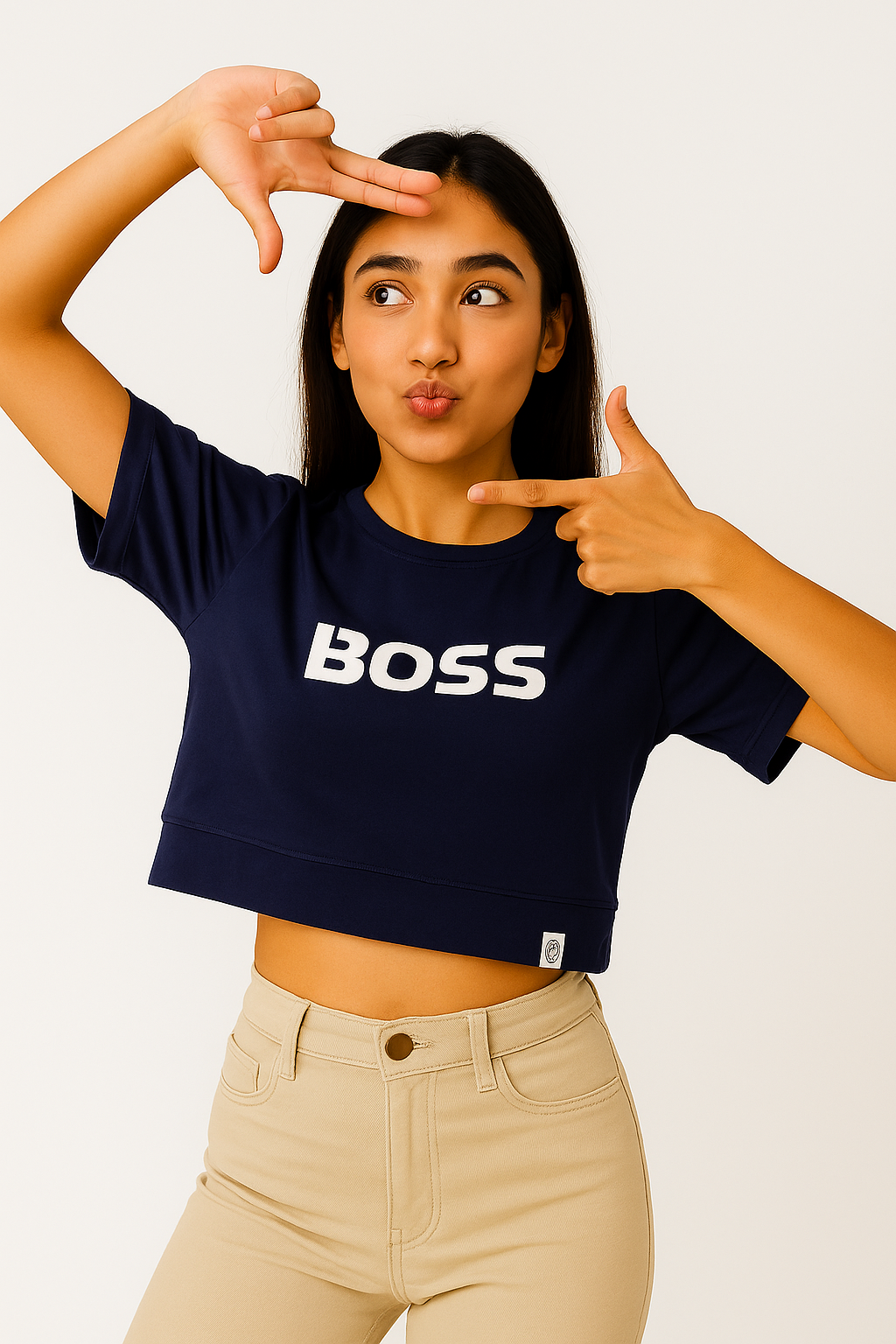 Women's Navy Blue “BOSS” Logo Crop T-Shirt – Bold Street Style Tee