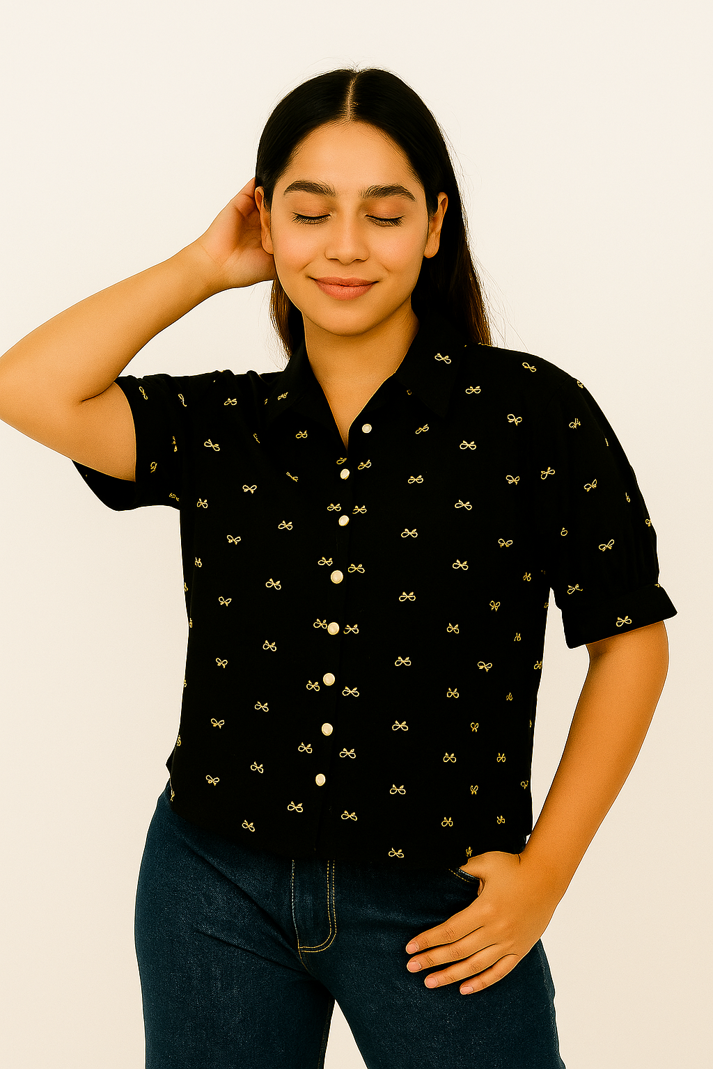 Elegant Black Shirt with Gold Bow Print & Pearl Button Detailing – Classy Casual Wear