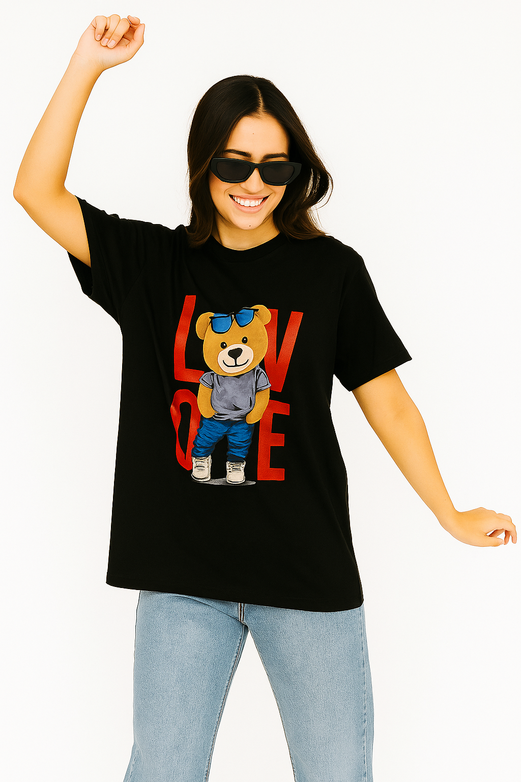 Black Oversized T-Shirt with Cool Teddy Bear & "LOVE" Graphic – Unisex Streetwear Tee