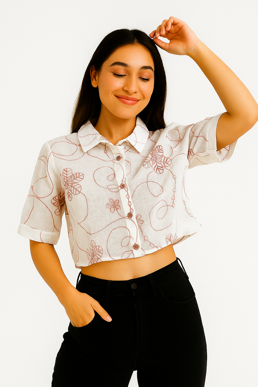 White & Maroon Embroidered Cotton Crop Top – Half Sleeve Button-Down Shirt
