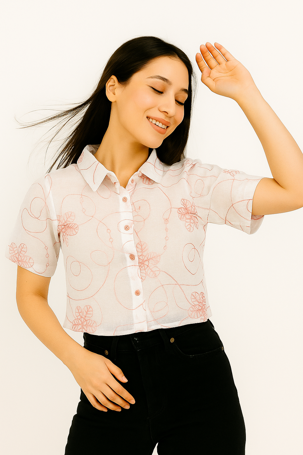 White Crop Top with Coral Floral Embroidery – Casual Button-Down Shirt for Women