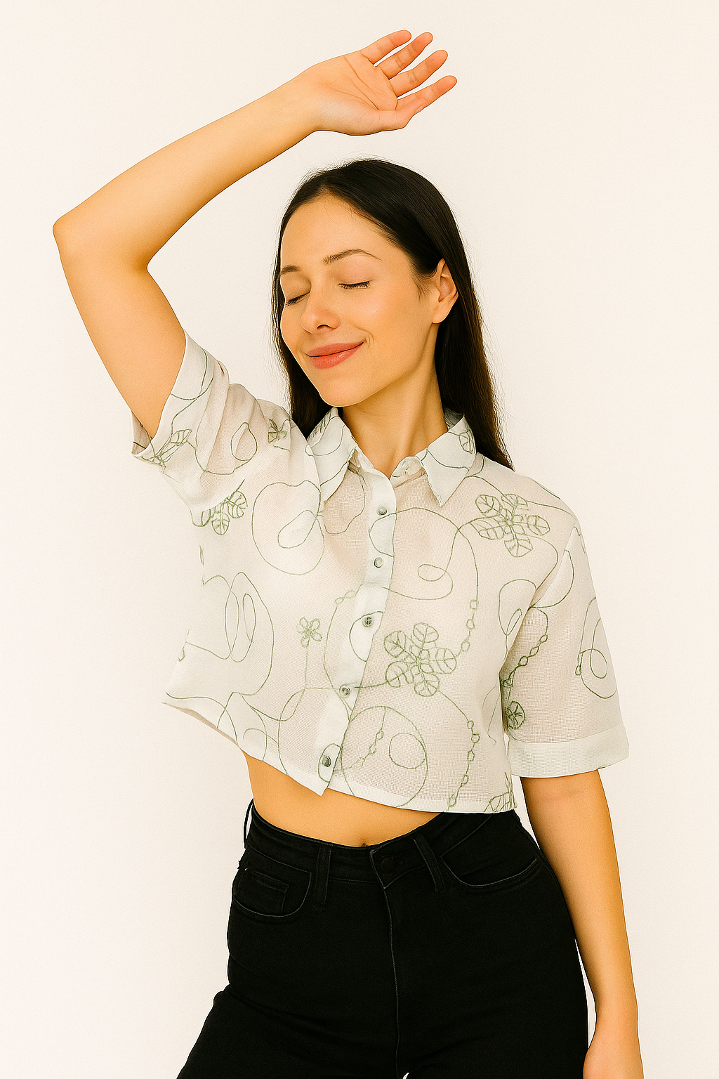 White Crop Top with Green Floral Embroidery – Women’s Button-Down Cotton Shirt