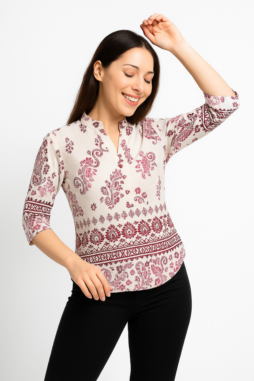 Ivory Pink Ethnic Printed Cotton Short Kurti – Women’s Mandarin Neck Casual Top
