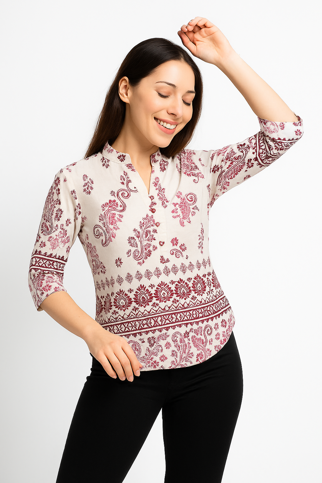 Ivory Pink Ethnic Printed Cotton Short Kurti – Women’s Mandarin Neck Casual Top