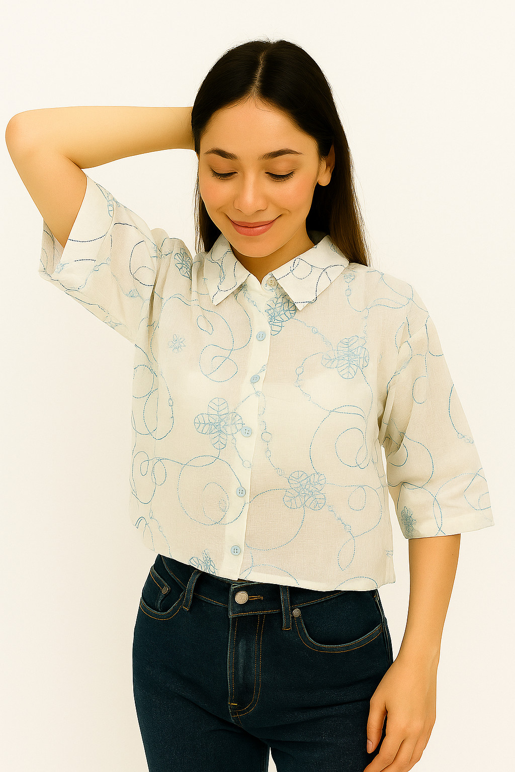 White & Blue Embroidered Cotton Crop Top – Half Sleeve Button-Down