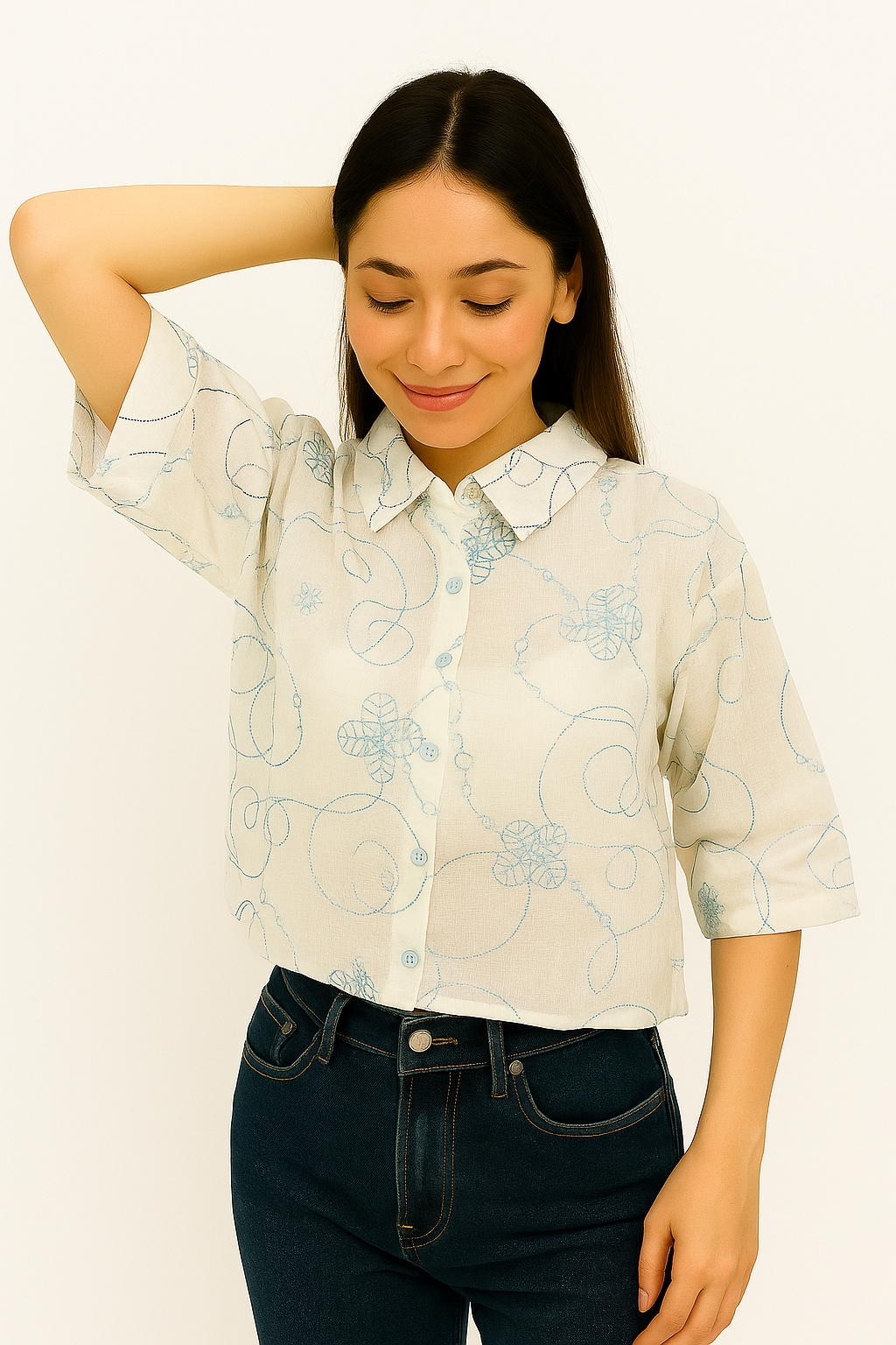 White & Blue Embroidered Cotton Crop Top – Half Sleeve Button-Down