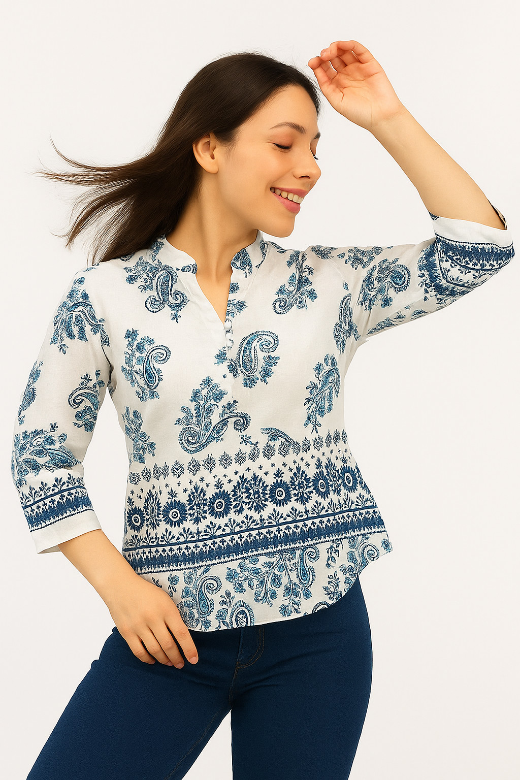 White and Blue Ethnic Printed Cotton Short Kurti – Stylish Mandarin Neck Women’s Top