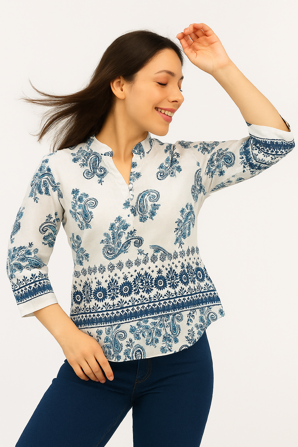 White and Blue Ethnic Printed Cotton Short Kurti – Stylish Mandarin Neck Women’s Top