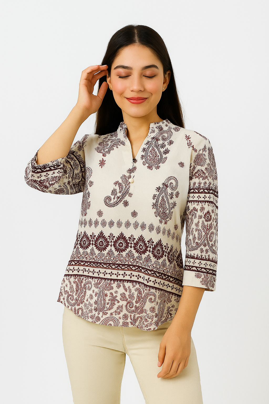 Ivory Maroon Ethnic Motif Cotton Short Kurti – Women’s Mandarin Collar Printed Tunic