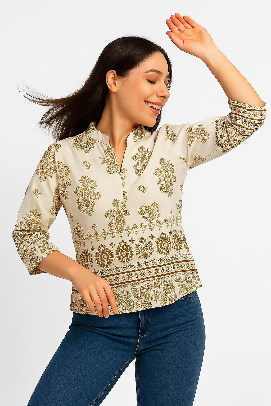 Ivory & Olive Ethnic Print Short Kurti – Mandarine Collar Cotton Top for Women
