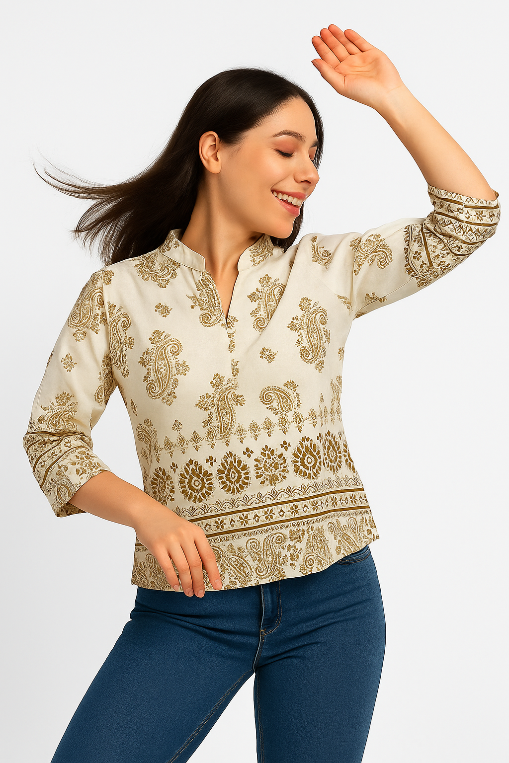 Ivory & Olive Ethnic Print Short Kurti – Mandarine Collar Cotton Top for Women