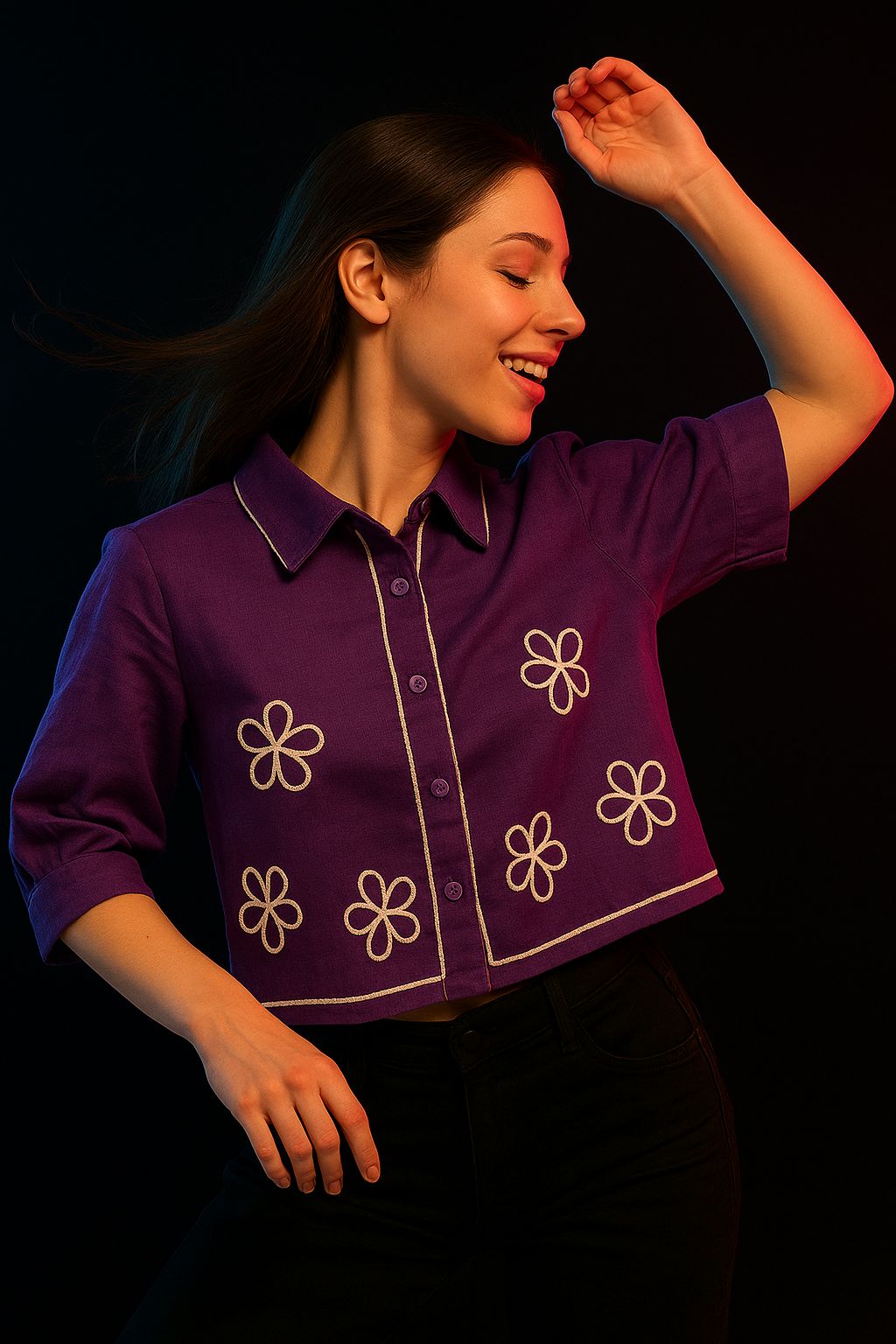  Purple Cotton Crop Top with Floral Embroidery & Puff Sleeves – Button-Down Shirt