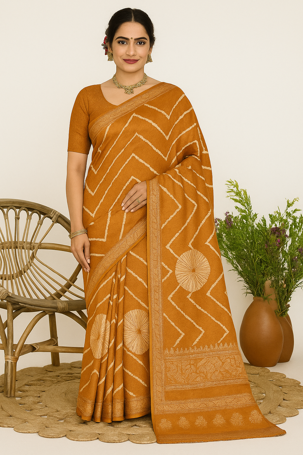 Women’s Banarasi Silk Saree – Copper Brown Zig-Zag Pattern with Rich Zari Border