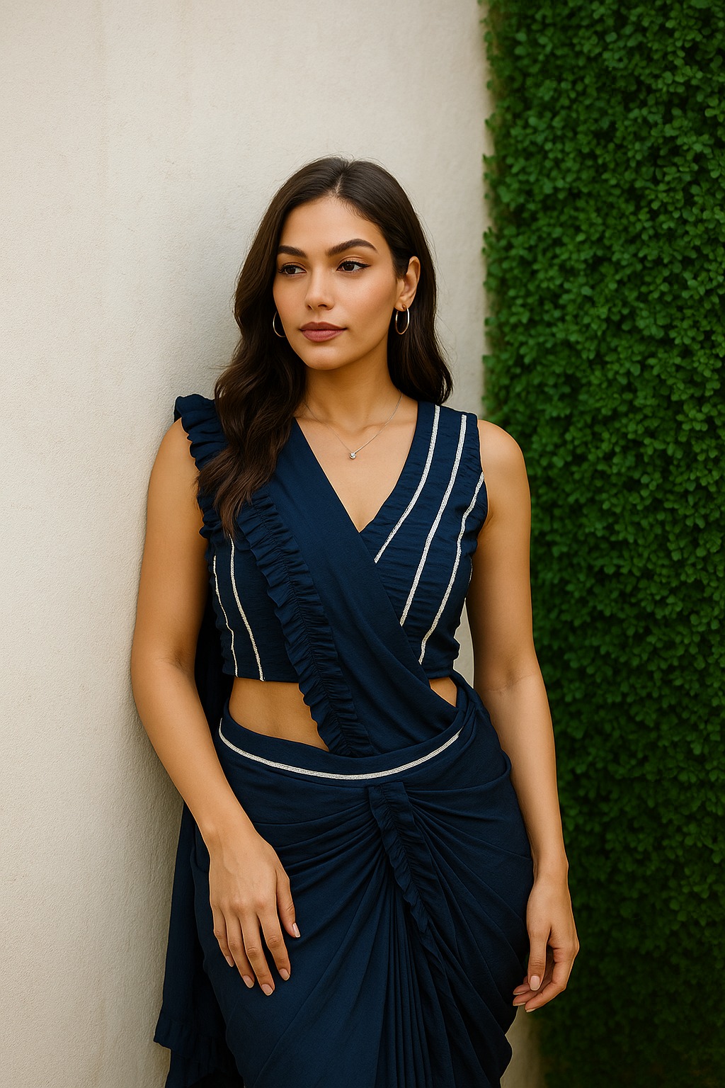 Navy Blue Ready-to-Wear Ruffle Drape Saree with V-Neck Blouse