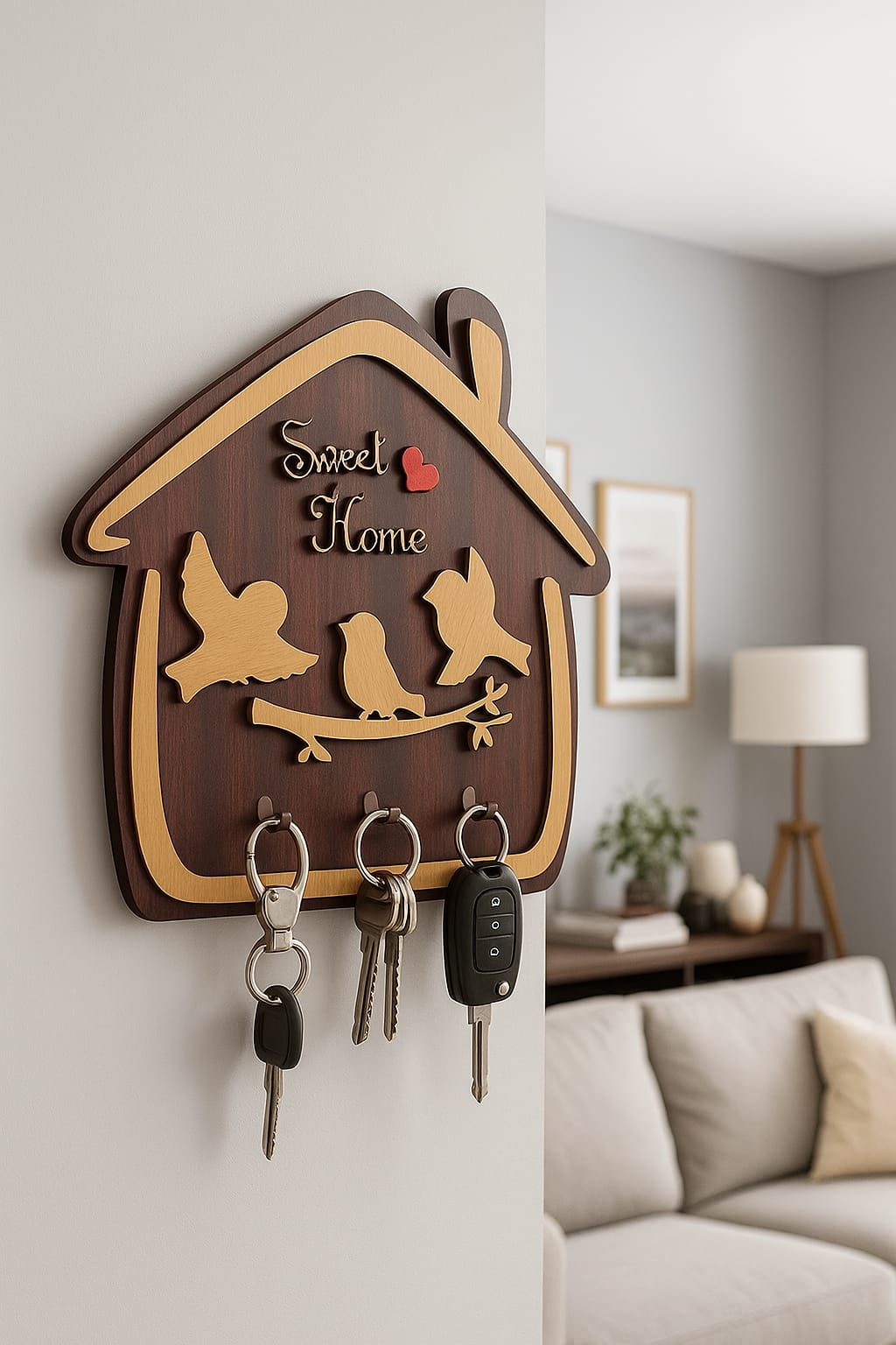 Wooden Wall Key Holder with Birdhouse Design – “Sweet Home” Key Organizer for Entryway