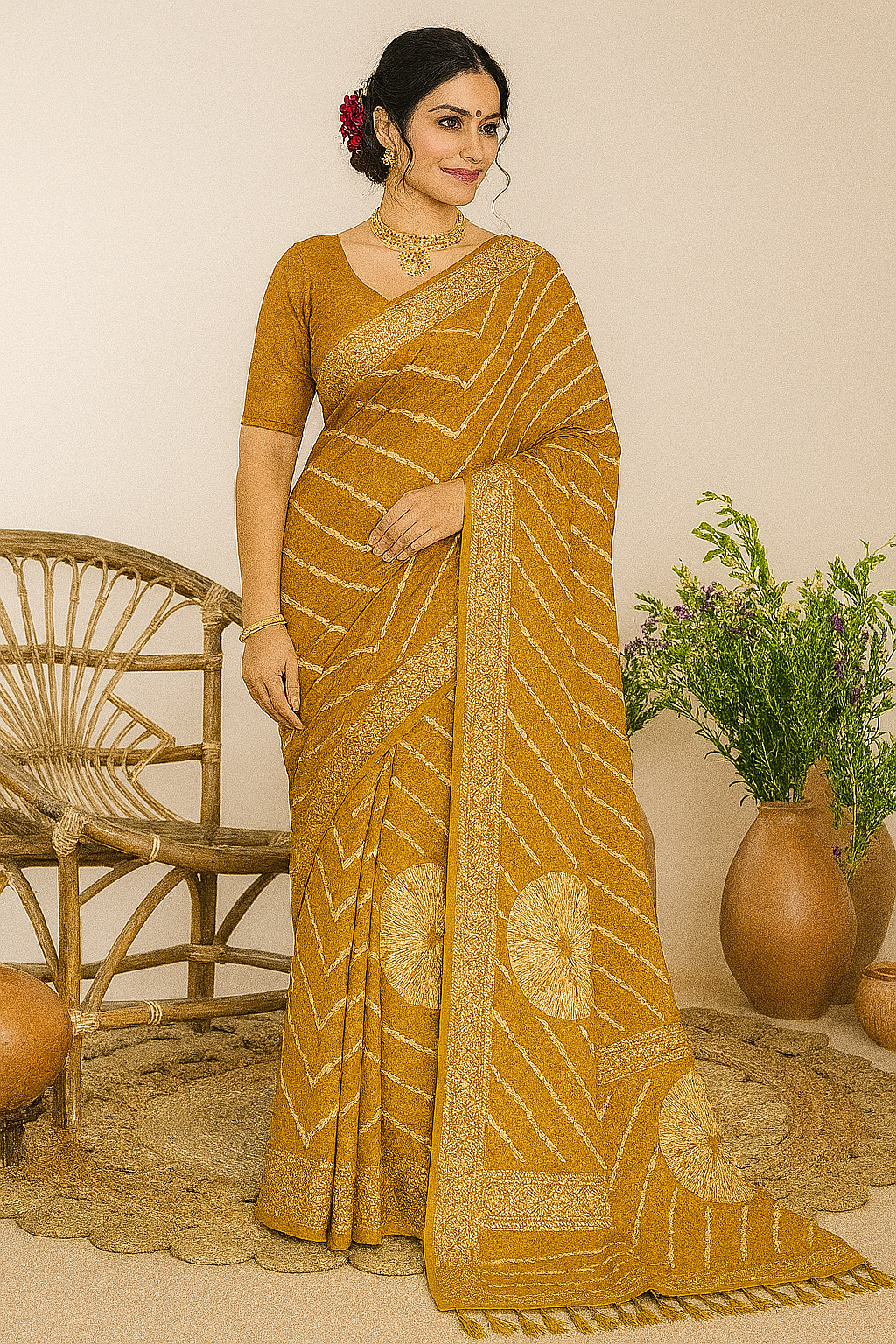 Traditional Mustard Gold Banarasi Saree with White Zigzag Print & Golden Border