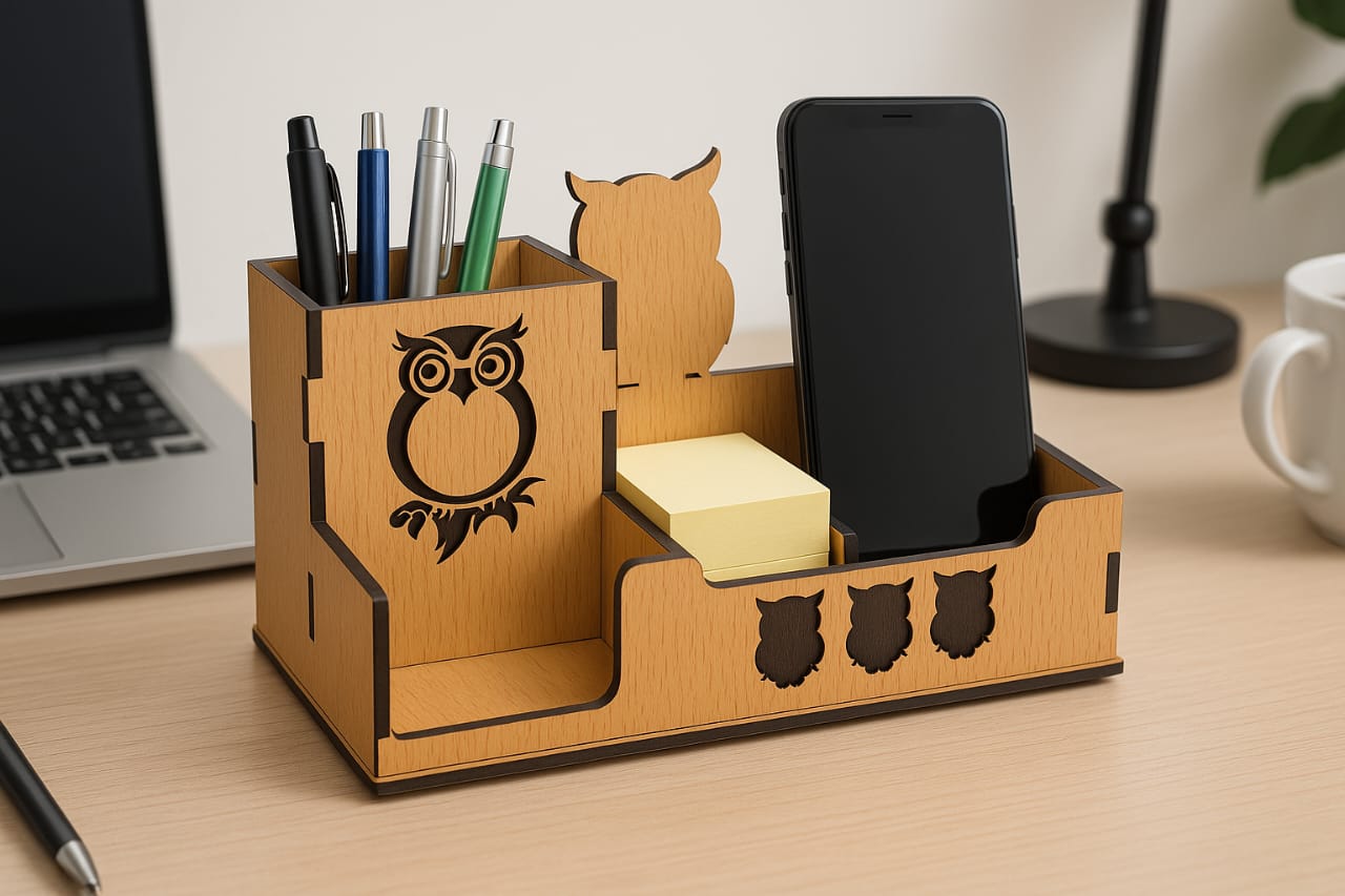 Wooden Owl-Themed Desk Organizer – Pen Holder, Memo Pad Slot & Phone Stand for Office Table