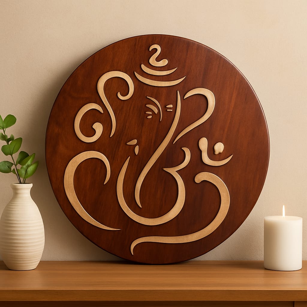 Wooden Wall Art – Abstract Lord Ganesha Design in Round Frame for Home & Office Decor