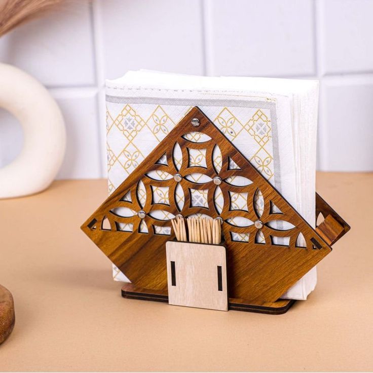 Wooden Napkin Holder with Laser Cut Design & Toothpick Stand – Elegant Table Organizer