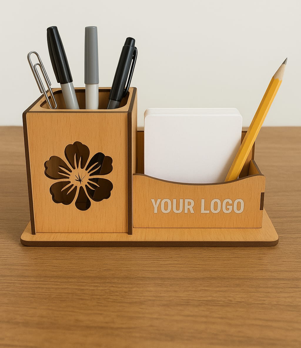 Personalized Wooden Desk Organizer – Pen Stand with Memo Pad Holder & Logo Engraving