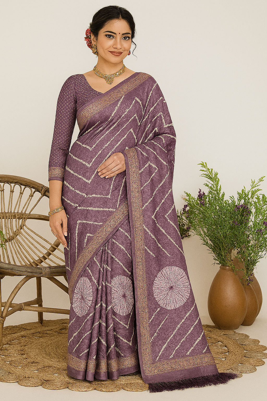 Women's Traditional Purple Saree with Golden Zari Border & Diagonal Floral Motif 