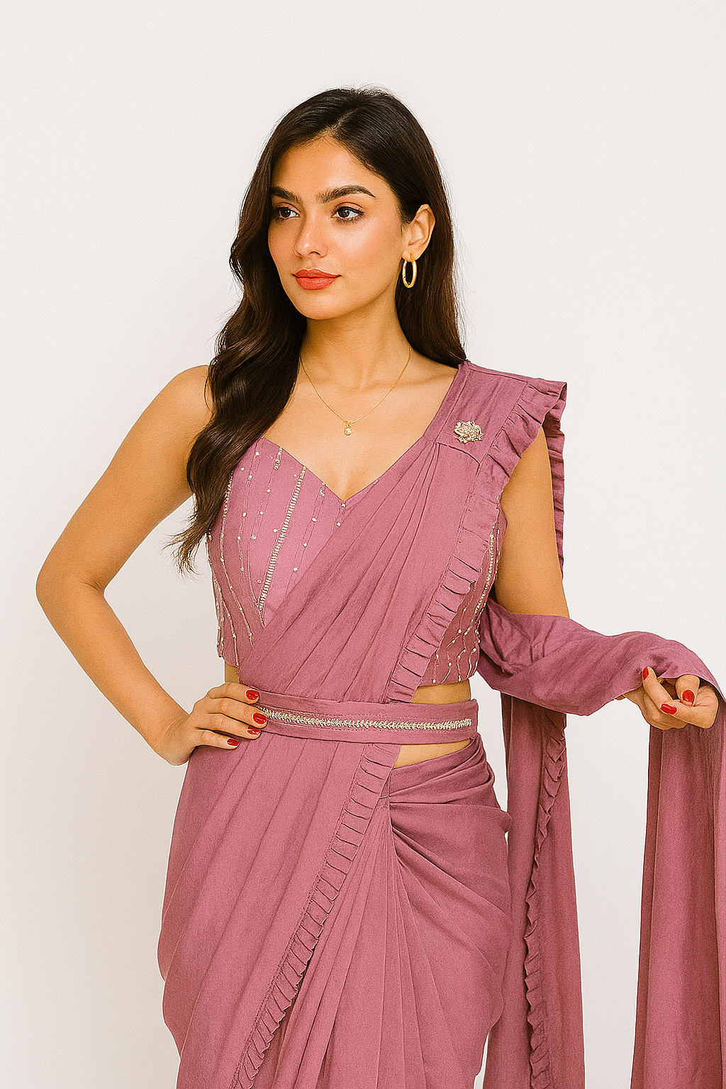 Mauve-Pink Ready-to-Wear Ruffle Drape Saree with Embellished Blouse