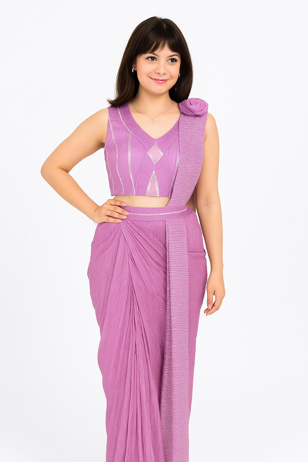 Elegant Purple Shimmer Drape Saree with Designer Blouse for Women