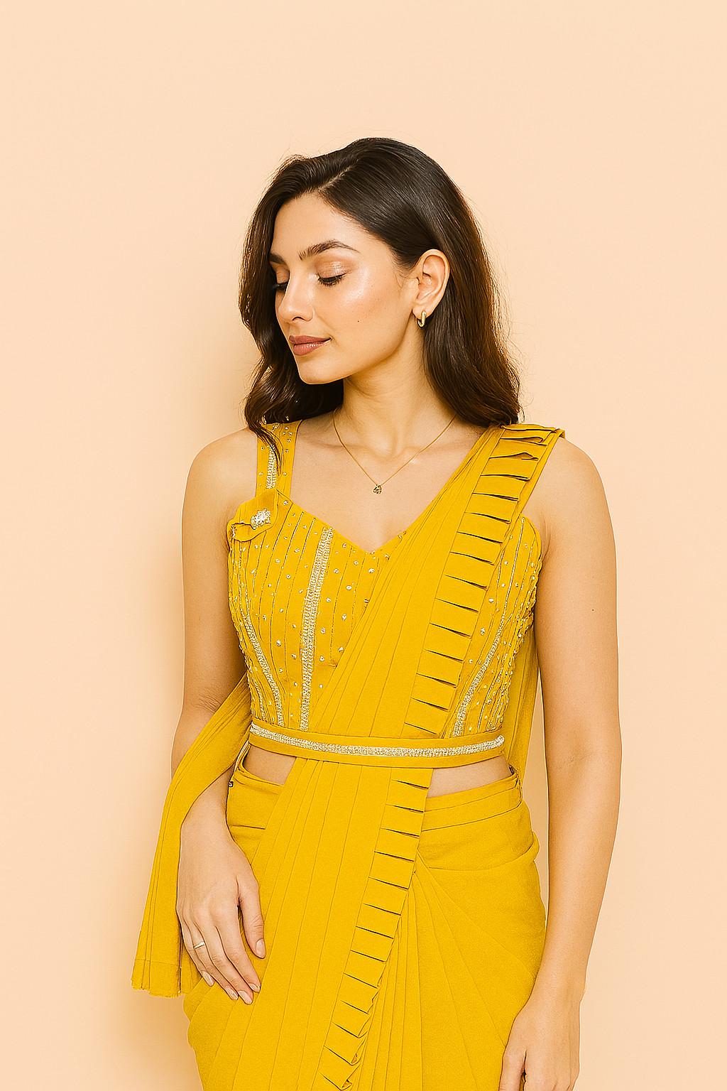 Mustard Yellow Ready-to-Wear Ruffle Saree with Embellished Blouse