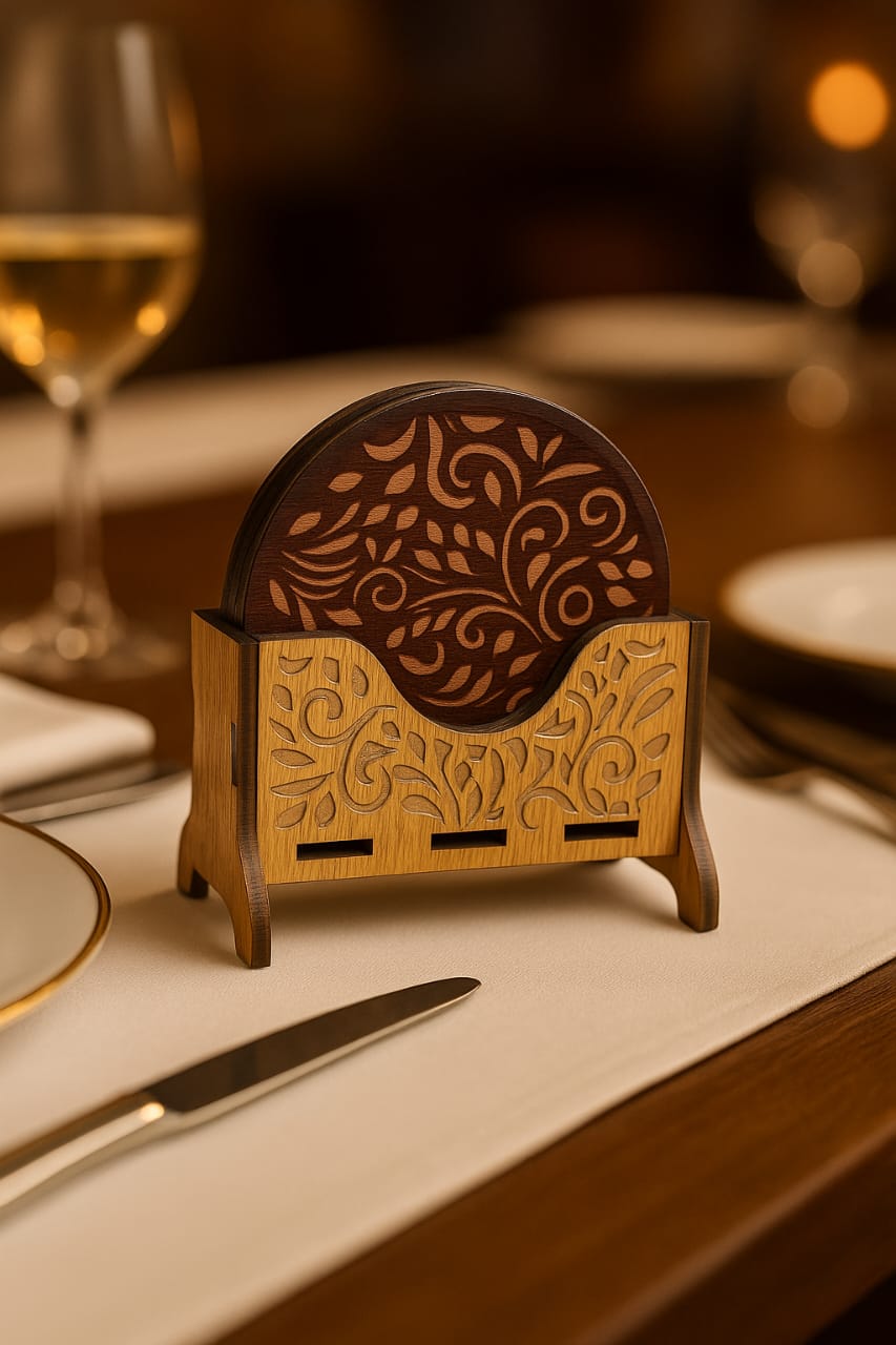Wooden Round Coaster Set with Intricate Laser Cut Holder – Elegant Dining Table Accessory 