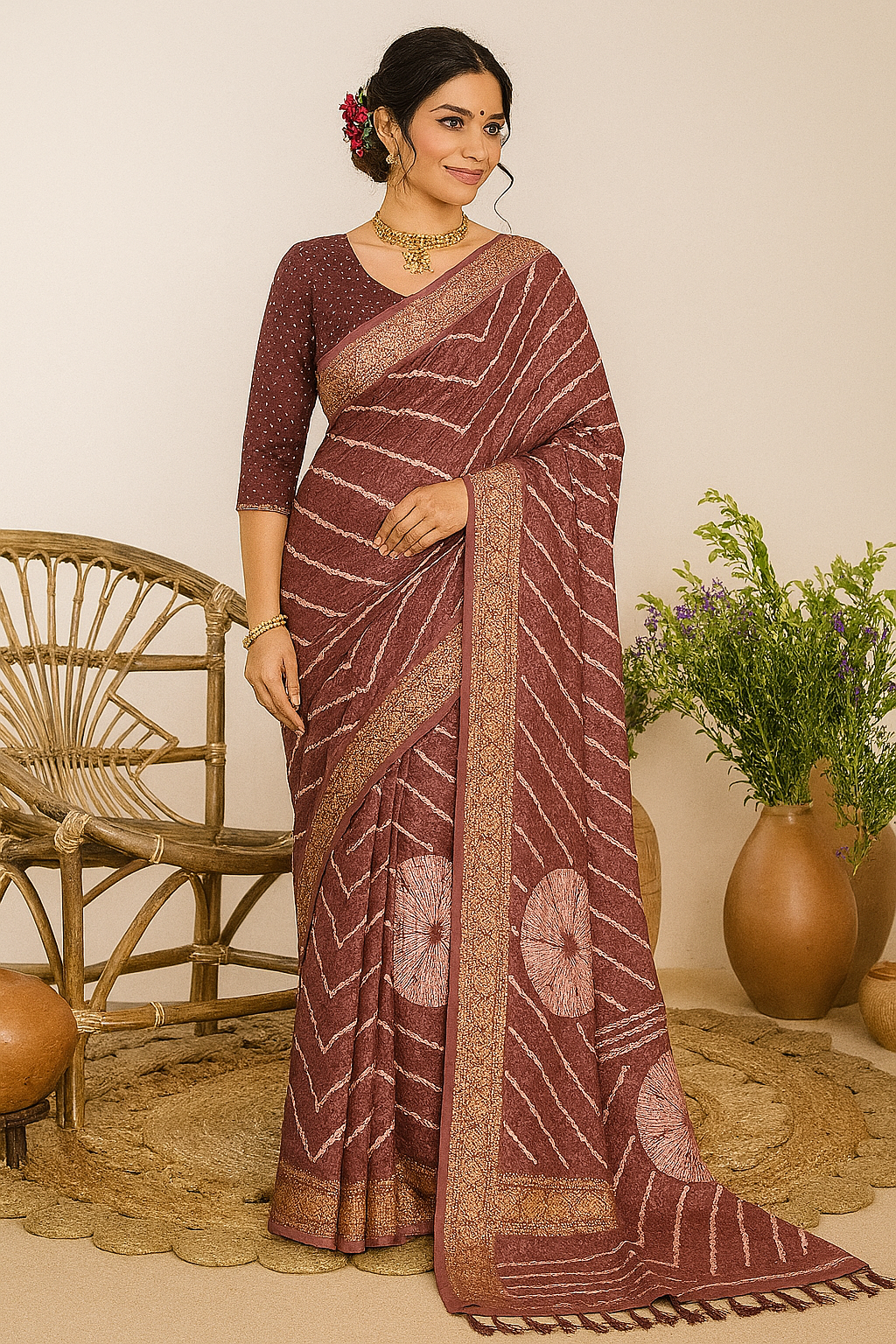 Women’s Maroon Banarasi Silk Saree – Zig-Zag Pattern with Elegant Golden Zari Border